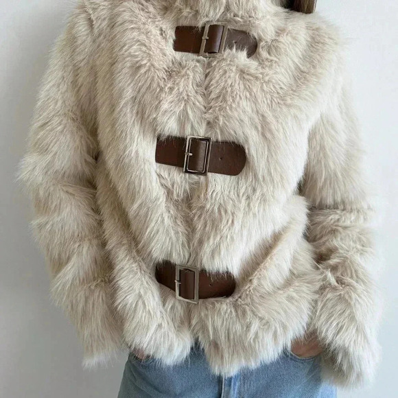 Apricot Casual Women's Stand Collar Fitted Long Sleeve Fluffy Button Jacket - Picture 2 of 9